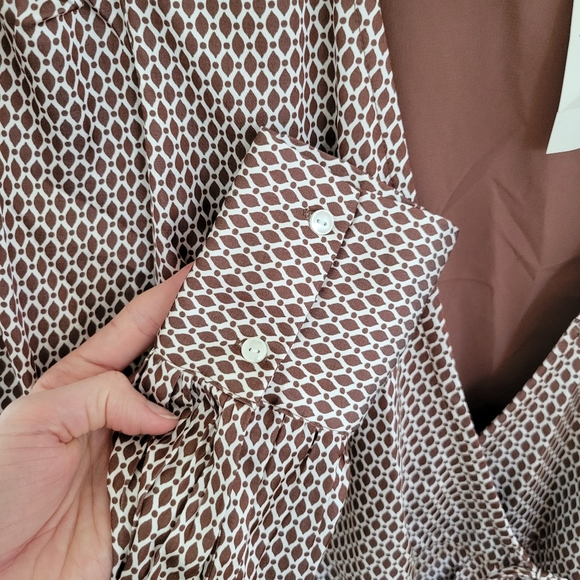 Abercrombie M Tall Mini Wrap Dress Brown Geometric Pattern Puff Long Sleeve - Picture 8 of 10